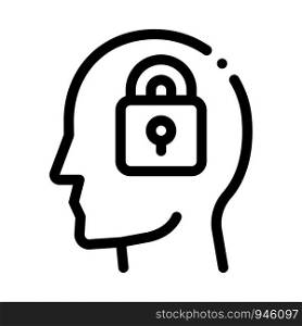 Locked Padlock In Man Silhouette Mind Vector Icon Thin Line. Gear And Brain, Heart And Shield, Padlock And Magnifier Concept Linear Pictogram. Black And White Template Contour Illustration. Locked Padlock In Man Silhouette Mind Vector Icon