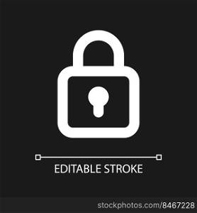 Locked padlock pixel perfect white linear ui icon for dark theme. Restriction. Security settings. Vector line pictogram. Isolated user interface symbol for night mode. Editable stroke. Arial font used. Locked padlock pixel perfect white linear ui icon for dark theme