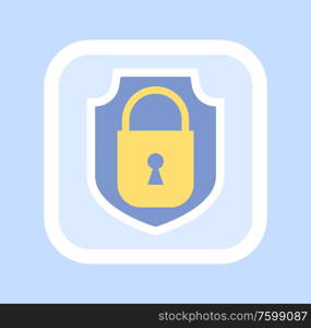 Locker icon, golden padlock symbol in frame, key lock, privacy and password element on blue. Safety and security protection with mechanism vector. Golden Closed Padlock Icon, Confidential Vector