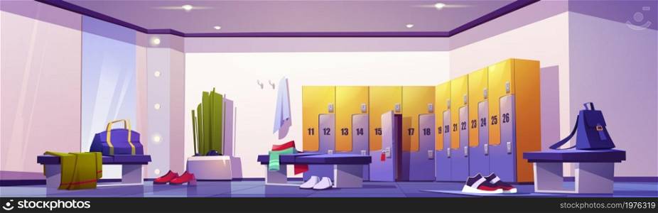 Locker room in gym, sport club or school stadium. Vector cartoon interior of changing room with individual cabinets, benches with clothes, shoes, bags and big mirror. Dressing place in fitness center. Locker room in gym, sport club or school stadium