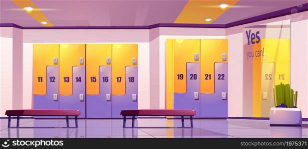 Locker room, school or gym dressing empty area with metal cabinets. Row of closed doors, key holes in college hallway with benches. Storage space for changing clothes, Cartoon vector illustration. Locker room, school or gym dressing empty area