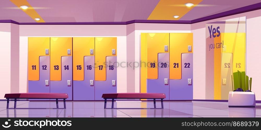 Locker room, school or gym dressing empty area with metal cabinets. Row of closed doors, key holes in college hallway with benches. Storage space for changing clothes, Cartoon vector illustration. Locker room, school or gym dressing empty area