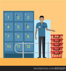 Lockers and security personnel in supermarket vector. Flat design. Saving personal things while shopping in store. Smiling man guard in uniform standing near lockers and baskets on entrance in mall. . Lockers and Security Personnel in Supermarket . Lockers and Security Personnel in Supermarket