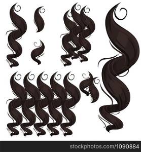 Locks of hair. A set of individual elements and compositions. Vector illustration isolated on a white background. Hair color black. Locks of hair. A set of individual elements and compositions.