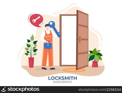 Locksmith Repairman Door Repair, Maintenance and Installation Service with Equipment as Screwdriver or Key in Flat Cartoon Background Illustration