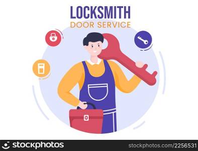 Locksmith Repairman Home Maintenance, Repair and Installation Service with Equipment as Screwdriver or Key in Flat Cartoon Background Illustration