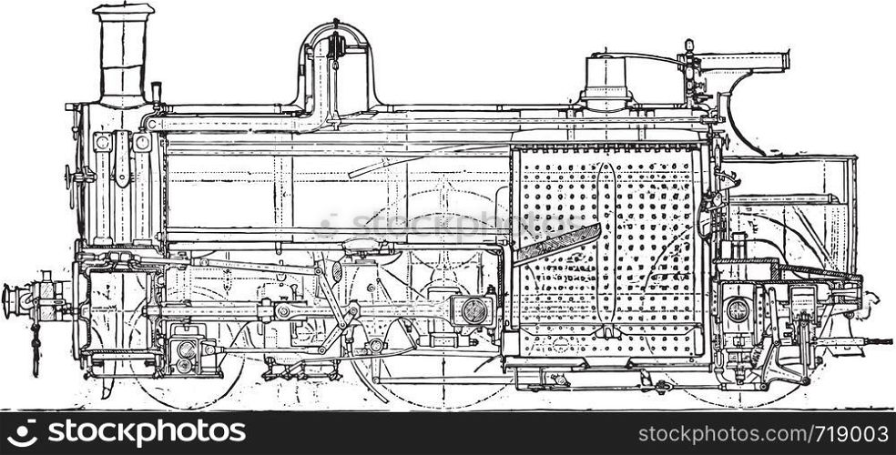 Locomotive compound of Mr. Webb, Longitudinal section, vintage engraved illustration. Industrial encyclopedia E.-O. Lami - 1875.