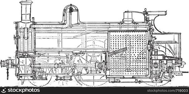 Locomotive compound of Mr. Webb, Longitudinal section, vintage engraved illustration. Industrial encyclopedia E.-O. Lami - 1875.
