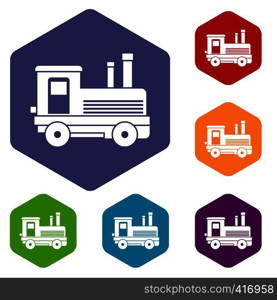 Locomotive icons set rhombus in different colors isolated on white background. Locomotive icons set
