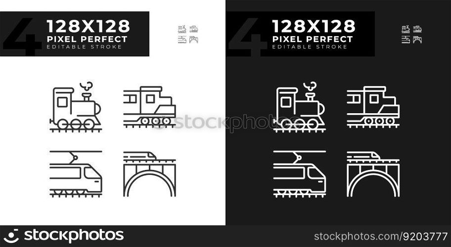 Locomotive pixel perfect linear icons set for dark, light mode. Train engine. Rail technology. Railway transport. Thin line symbols for night, day theme. Isolated illustrations. Editable stroke. Locomotive pixel perfect linear icons set for dark, light mode