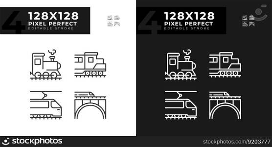 Locomotive pixel perfect linear icons set for dark, light mode. Train engine. Rail technology. Railway transport. Thin line symbols for night, day theme. Isolated illustrations. Editable stroke. Locomotive pixel perfect linear icons set for dark, light mode