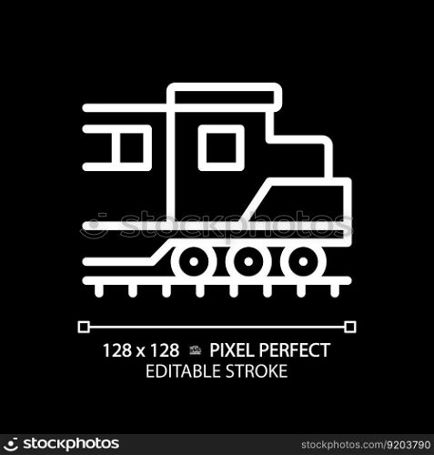 Locomotive pixel perfect white linear icon for dark theme. Diesel engine. Freight train. Rail transport vehicle. Power car. Thin line illustration. Isolated symbol for night mode. Editable stroke. Locomotive pixel perfect white linear icon for dark theme