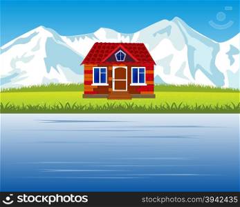 Lodge in mountain high. The Landscape with mountain and riverside lodge.Vector illustration