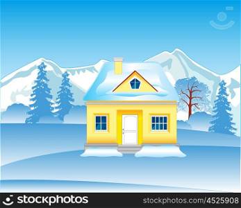 Lodge in wood in winter. The Solitary house in wood in winter.Vector illustration