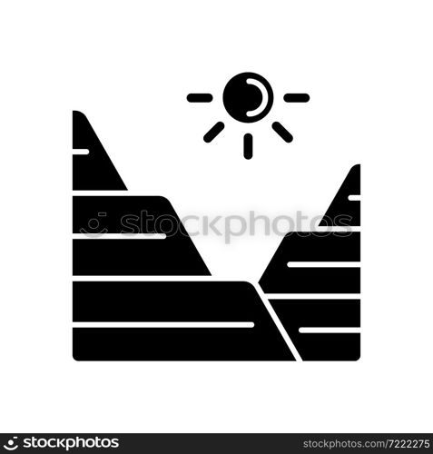 Loess black glyph icon. Sediment landform. Windblown dust and silt formation. Mountain slope land type. Arid region terrain. Silhouette symbol on white space. Vector isolated illustration. Loess black glyph icon