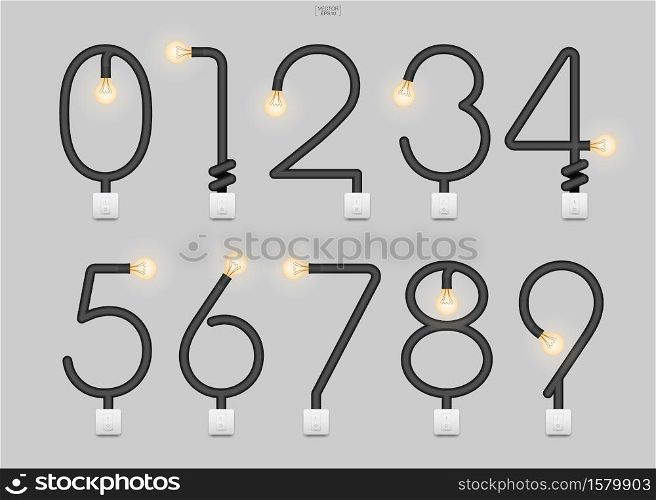 Loft alphabet and numbers. Abstract alphabet sign and symbol of light bulb and light switch on gray background. Vector illustration.