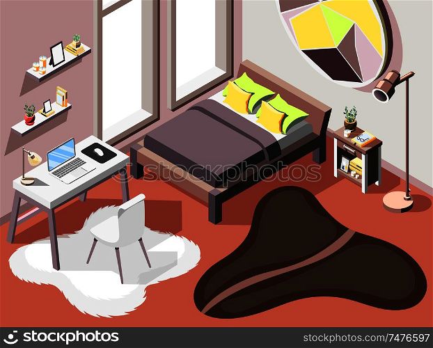 Loft interior isometric background with indoor composition of living room furniture double bed and small workplace vector illustration