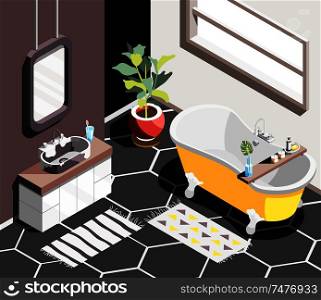 Loft interior isometric background with modern bathroom environment with horizontal window bath and sink with mirror vector illustration