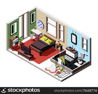 Loft interior isometric composition with indoor view of living room and bathroom with furniture and windows vector illustration