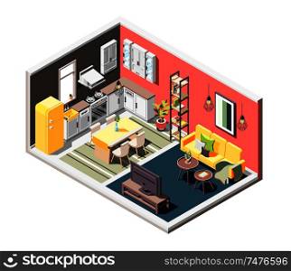 Loft interior isometric composition with overview of cozy studio apartment split into kitchen and living zones vector illustration