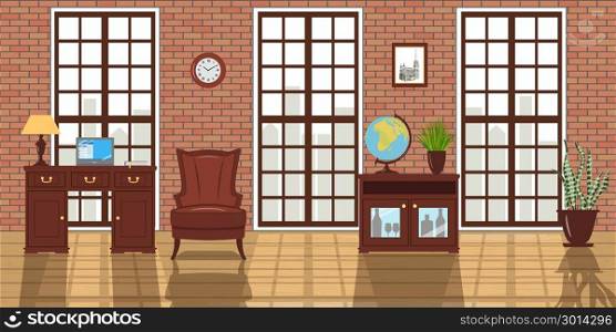 Loft studio furnished Interior. Big windows, red brick wall. Loft studio furnished Interior. Big windows, red brick wall, sunlight. Luxury modern studio with armchair, desk, lamp, laptop, wooden floor and large french windows. Space concept. Template, 3d design