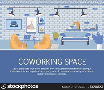 Loft Style Coworking Space Interior Design Banner. Open Modern Cozy Place with Office Furniture for Work and Study. Shared Workplace for Freelance Business. Flat Cartoon Vector Illustration. Loft Style Coworking Space Interior Design Banner