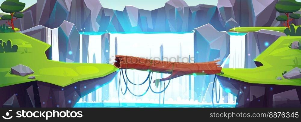 Log bridge across river between cliffs wirth waterfall. Vector cartoon illustration of rocky mountain landscape with green grass and trees. Beautiful nature background for adventure and travel game. Log bridge across river between cliffs, waterfall