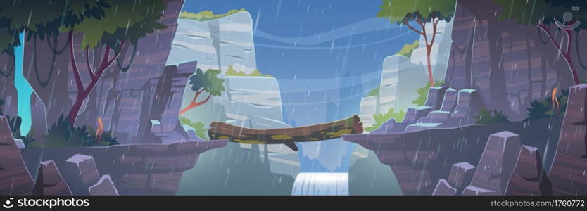 Log bridge between mountains above cliff at rainy weather. Scenery landscape with waterfall and trees background. Beautiful nature view, beam connect rocky edges under rain Cartoon vector illustration. Log bridge between mountains above cliff at rain