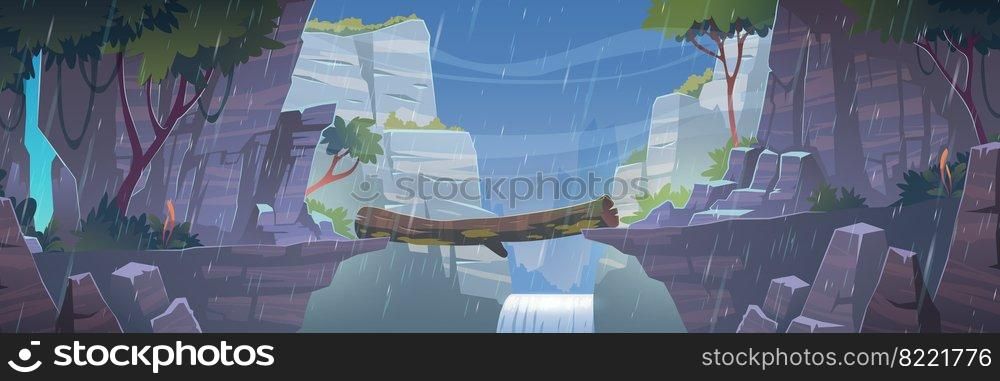 Log bridge between mountains above cliff at rainy weather. Scenery landscape with waterfall and trees background. Beautiful nature view, beam connect rocky edges under rain Cartoon vector illustration. Log bridge between mountains above cliff at rain