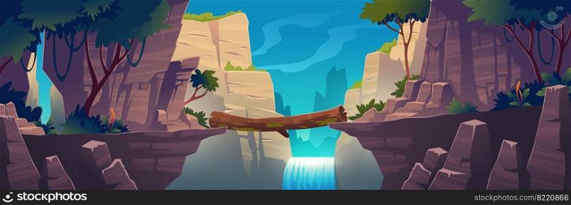 Log bridge between mountains above cliff in rock peaks landscape with waterfall and trees background. Beautiful scenery nature view, beam bridgework connect rocky edges, Cartoon vector illustration. Log bridge between mountains above cliff in rocks