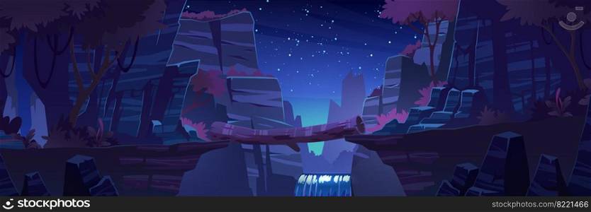 Log bridge between mountains edges above cliff night time landscape, rock peaks, waterfall and trees under starry sky scenery background. Beautiful nature view with beam, Cartoon vector illustration. Log bridge between mountains edges above cliff