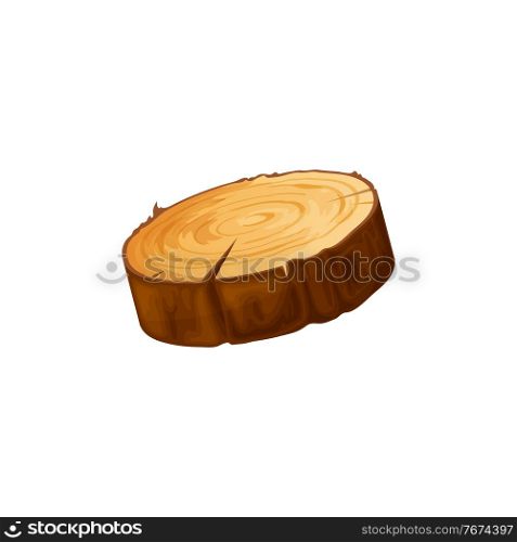 Log of round wood, chopped tree bark of felled dry wood isolated flat cartoon icon. Vector saw cut tree trunk with wooden rings. Lumber circle with cracked pattern, oak pine timbers, natural texture. Wood texture wavy ring slice of tree isolate stump