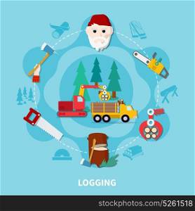 Logging Flat Composition. Logging flat composition with lumberjack and steps of wood production complete cycle vector illustration