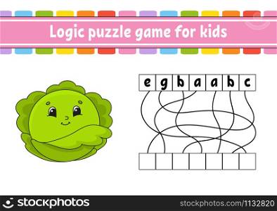 Logic puzzle game. Learning words for kids. Vegetable cabbage. Find the hidden name. Worksheet, Activity page. English game. Isolated vector illustration. Cartoon character.