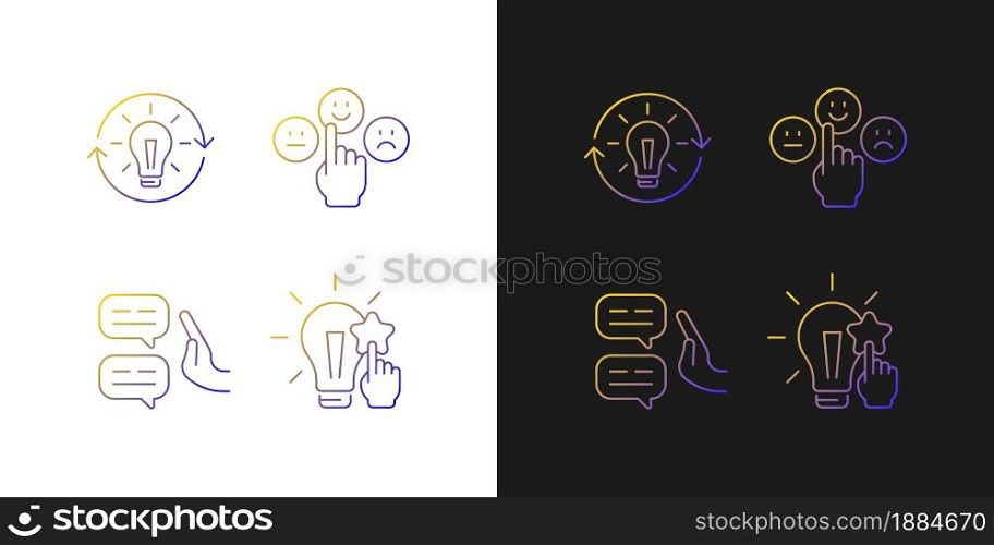 Logical and rational thinking gradient icons set for dark and light mode. Emotional maturity. Thin line contour symbols bundle. Isolated vector outline illustrations collection on black and white. Logical and rational thinking gradient icons set for dark and light mode