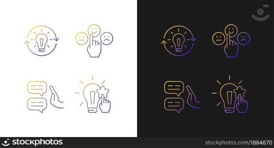 Logical and rational thinking gradient icons set for dark and light mode. Emotional maturity. Thin line contour symbols bundle. Isolated vector outline illustrations collection on black and white. Logical and rational thinking gradient icons set for dark and light mode