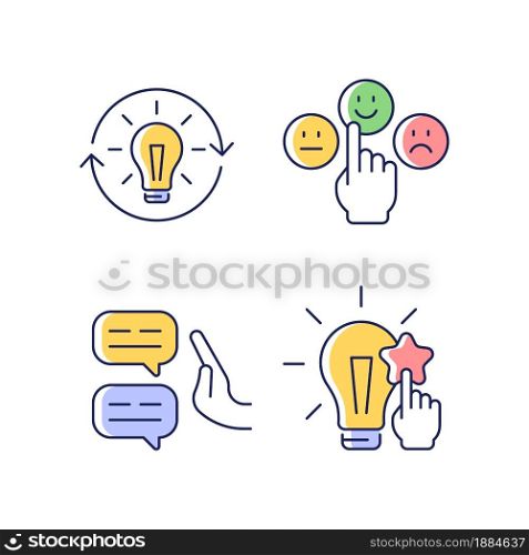 Logical and rational thinking RGB color icons set. Emotional maturity. Skeptical view. Information analysis and evaluation. Isolated vector illustrations. Simple filled line drawings collection. Logical and rational thinking RGB color icons set