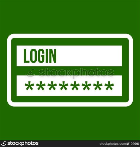 Login and password icon white isolated on green background. Vector illustration. Login and password icon green