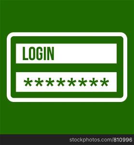 Login and password icon white isolated on green background. Vector illustration. Login and password icon green