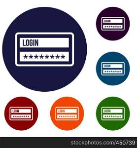 Login and password icons set in flat circle reb, blue and green color for web. Login and password icons set