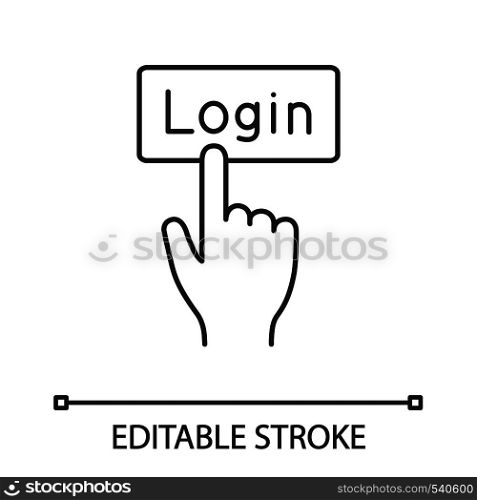 Login button click linear icon. Thin line illustration. Authorization. Hand pressing button. Contour symbol. Vector isolated outline drawing. Editable stroke. Login button click linear icon