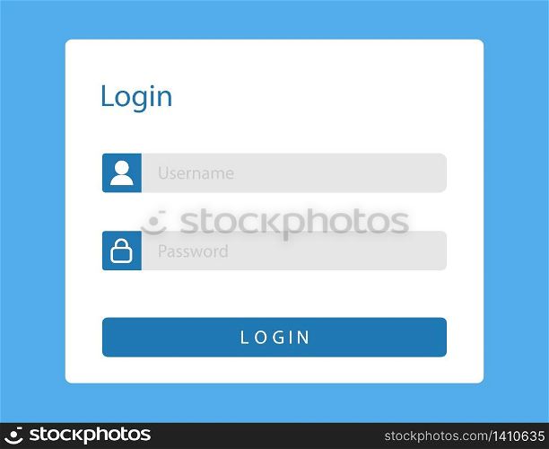 Login or sign in page on web site. Mockup with username and password fields in blue window for members. Log in template with blank ui illustration. Sign in form or registration. Vector EPS 10