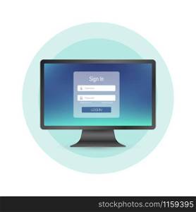 Login page on computer screen. Pc and online login form, sign in page. User profile, access to account concepts. Vector stock illustration.. Login page on computer screen. Pc and online login form, sign in page. User profile, access to account concepts. Vector stock illustration..