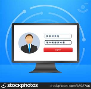 Login page on laptop screen. Notebook and online login form, sign in page. User profile, access to account concepts. Vector illustration. Login page on laptop screen. Notebook and online login form, sign in page. User profile, access to account concepts. Vector illustration.