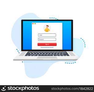 Login page on laptop screen. Notebook and online login form, sign in page. User profile, access to account concepts. Vector illustration. Login page on laptop screen. Notebook and online login form, sign in page. User profile, access to account concepts. Vector illustration.