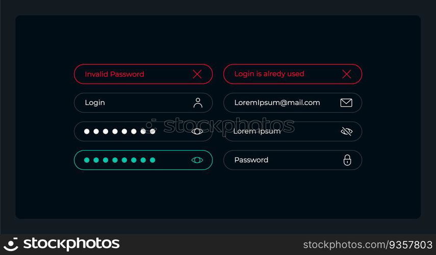 Login page UI elements kit. Adding information isolated vector components. Flat navigation menus and interface buttons template. Web design widget collection for mobile application with dark theme. Login page UI elements kit