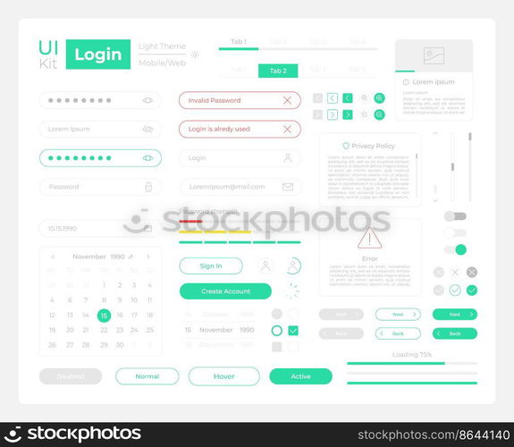 Login procedure UI elements kit. Security isolated vector components. Flat navigation menus and interface buttons template. Web design widget collection for mobile application with dark theme. Login procedure UI elements kit