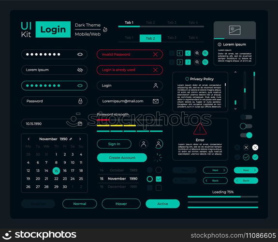 Login UI elements kit. Security setup isolated vector components. Flat navigation menus and interface buttons template. Web design widget collection for mobile application with dark theme. Login UI elements kit