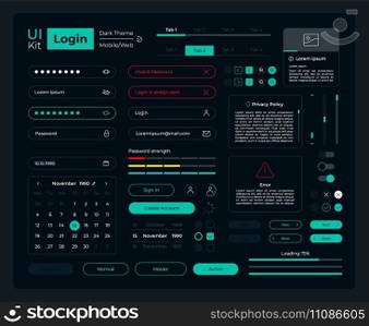Login UI elements kit. Security setup isolated vector components. Flat navigation menus and interface buttons template. Web design widget collection for mobile application with dark theme. Login UI elements kit
