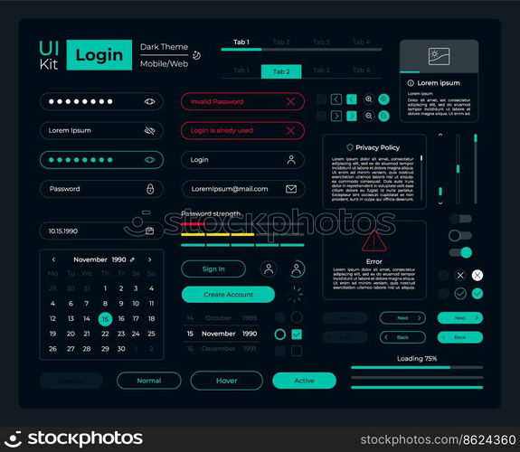 Login UI elements kit. Security setup isolated vector components. Flat navigation menus and interface buttons template. Web design widget collection for mobile application with dark theme. Login UI elements kit